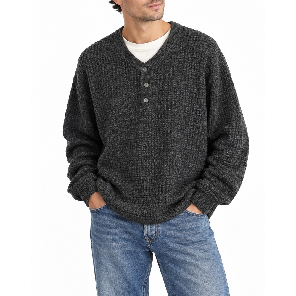 Vintage Y2K Bill Blass Sweater Mens 2X Charcoal Gray Henley Waffle Knit Grandpa